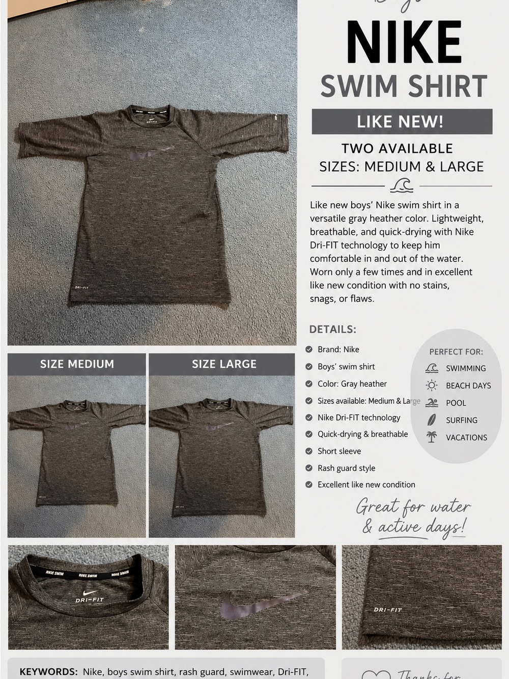 Nike Boy’s Gray Heather Short-Sleeve Dri-FIT Swim Rash Guard